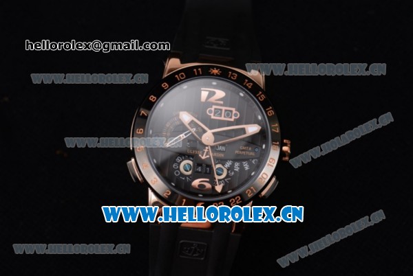 Ulysse Nardin Executive Dual Time & Big Date Asia ST25 Automatic Rose Gold Case Black Dial Black Bezel and Black Rubber Strap - Click Image to Close